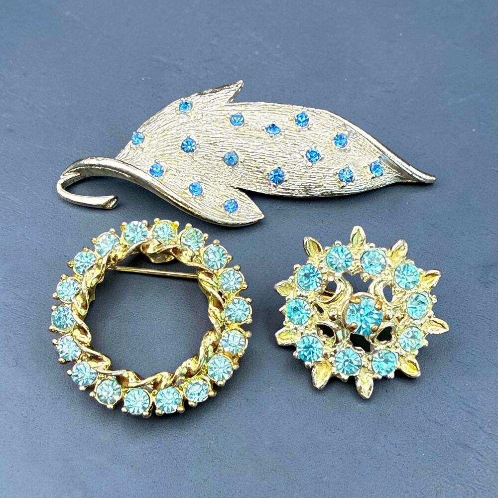 Lot of 3 Rhinestone Brooch Pins Blue Leaf Wreath Floral Silver Gold Tone